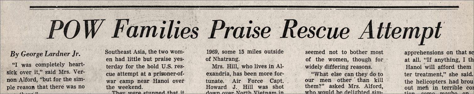 A newspaper clipping with the headline POW Families Praise Rescue Attempt, reporting on the reactions of families to the Son Tay prison camp raid.
